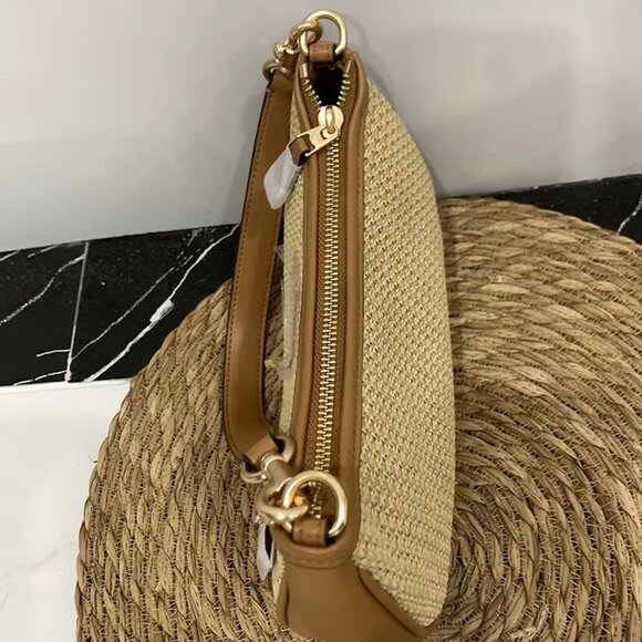 Coach Teri 2way Shoulder Bag Crossbody Straw Smooth Leather Latte Multi CR350 - Picture 5 of 7